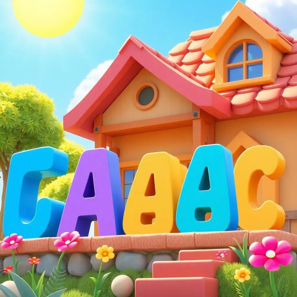 A sunny day in the world of Arabic letters, showing beautiful, colorful letters living in a big house, cheerful atmosphere, bright colors, child-friendly