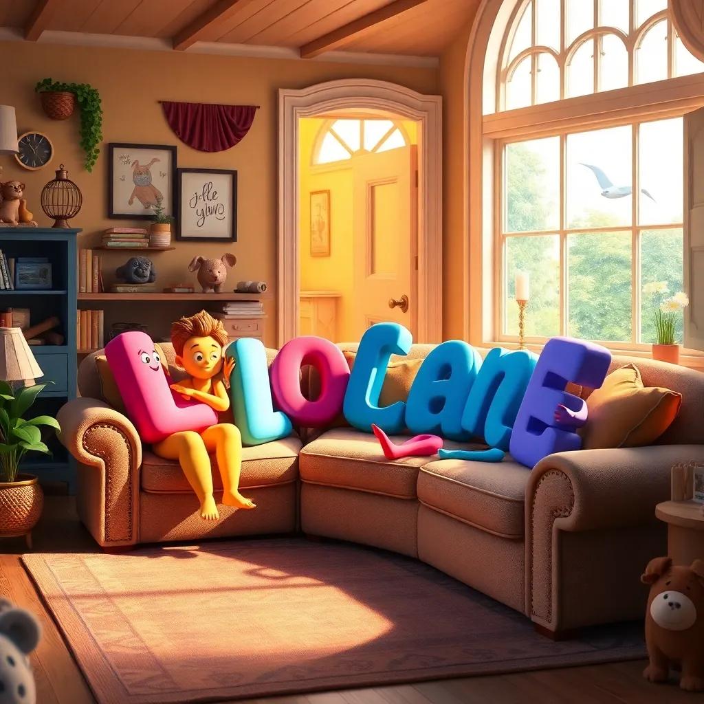 A lively scene inside the house with the letters on a large couch chatting happily, a door is open with the madding letters entering, warm, welcoming light, colorful decor