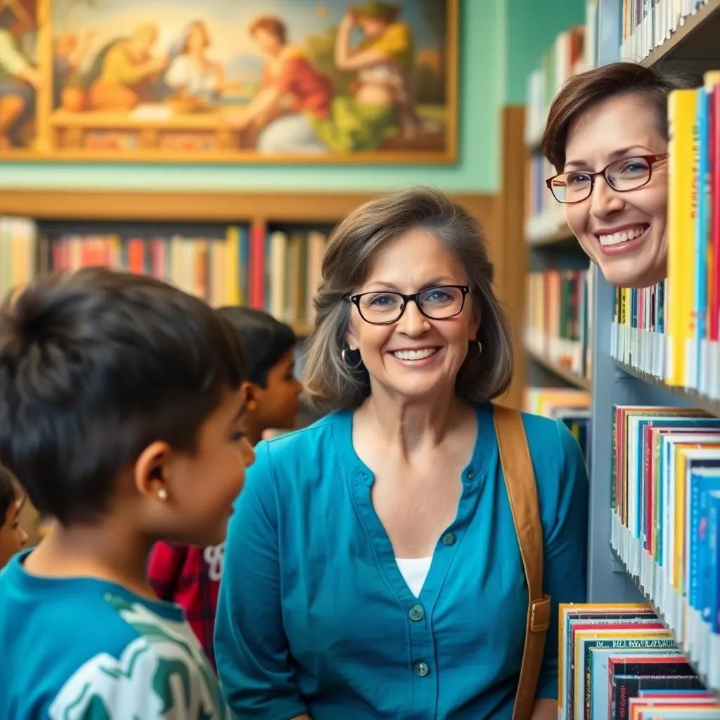 A friendly librarian, a middle-aged woman with glasses, smiling at children, guiding them to a shelf filled with colorful books, bright and inviting atmosphere, vibrant colors