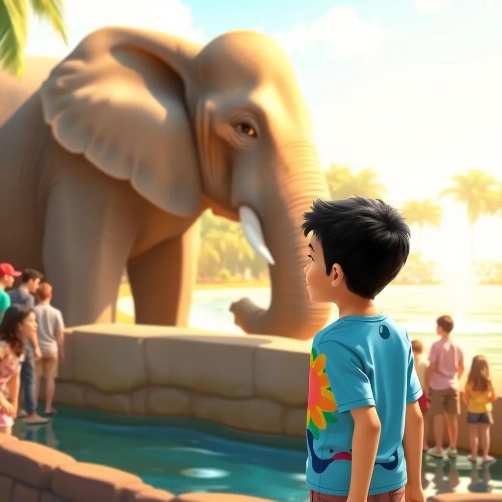 A young Arab boy, Sami, with short black hair, wearing a colorful t-shirt and shorts, watching a large elephant play with water, surrounded by visitors enjoying the zoo, warm sunlight, joyful expressions, realistic illustration, high quality