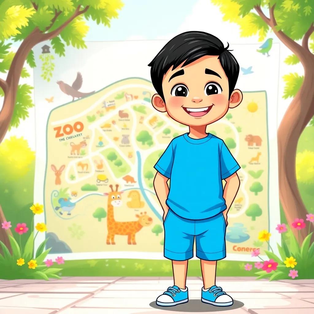 A cheerful young Arab boy, Ali, with short black hair, wearing a bright blue t-shirt and shorts, standing in front of a zoo map with a big smile, his sister Layla beside him, a sunny background with green trees and colorful flowers, illustrated children's book style, vibrant colors, friendly atmosphere, high quality