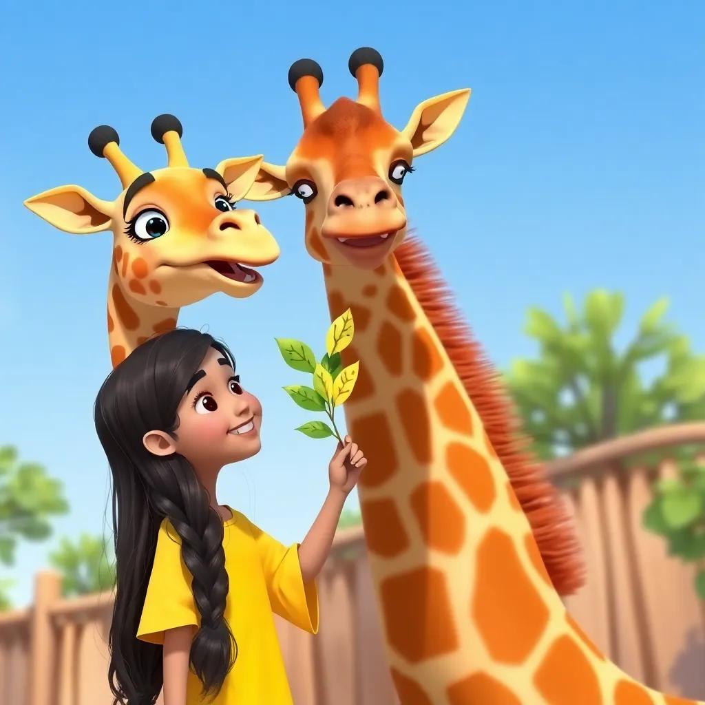 A young Arab girl, Layla, with long dark hair, wearing a bright yellow dress, feeding a tall giraffe with leaves, both smiling joyfully, under a clear blue sky, colorful zoo environment, digital illustration, lively, playful themes, high quality