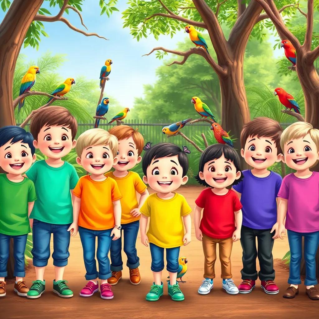 A group of happy preschool children, wearing colorful shirts and jeans, entering a zoo with bright smiles, observing colorful birds in the trees, vibrant and cheerful atmosphere, digital art, kid-friendly, high quality