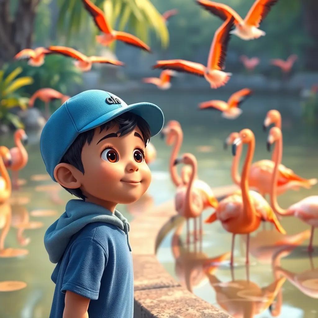 A curious little boy named Ahmad, with short black hair and a blue cap, looking excited at the beautiful flamingos in a pond, colorful birds are flying, reflection in the water, cheerful environment, digital illustration, vivid colors, inviting atmosphere