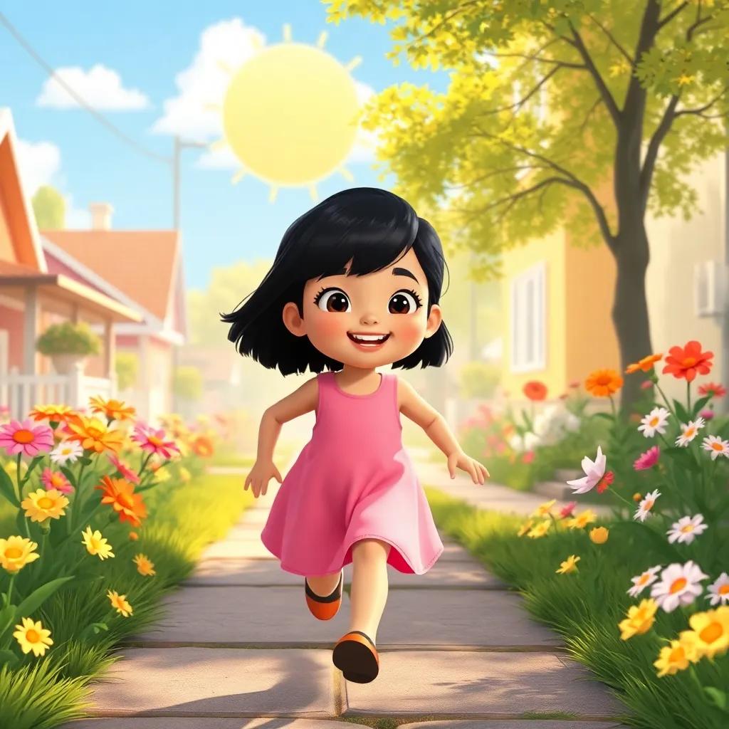 A sunny morning scene with a 10-year-old girl, Shahd, with short black hair and a pink dress, running through a neighborhood filled with flowers, joyful atmosphere, bright colors