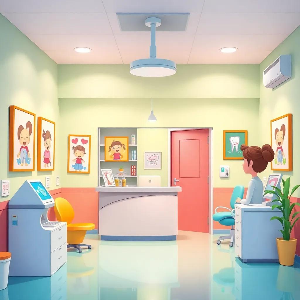 A colorful and inviting dental clinic with children's posters and a friendly receptionist welcoming them, bright and cheerful environment, illustration, playful, high-quality