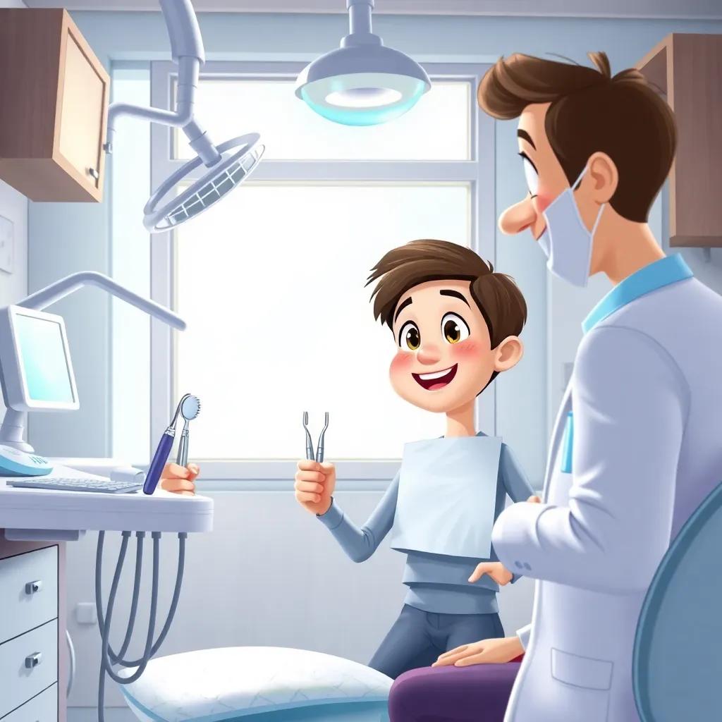 Inside the dental examination room, Sami looks curiously at strange dental tools, a friendly dentist explaining them with a smile, detailed illustration, engaging and inviting atmosphere, high-quality