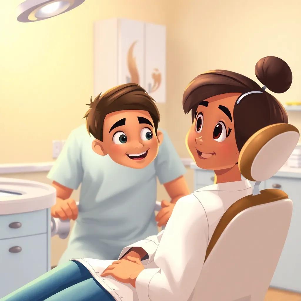 Sami sitting in a dental chair, looking a bit anxious but reassured by the dentist who is smiling and speaking gently, warm lighting, friendly atmosphere, detailed illustration