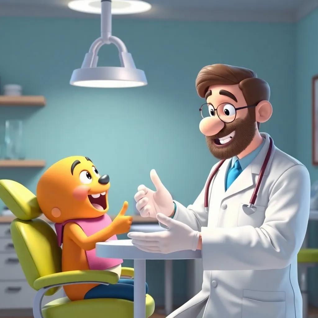 The dentist giving Sami tips on taking care of his teeth, with a light-hearted and friendly atmosphere, bright and fun colors, high-quality