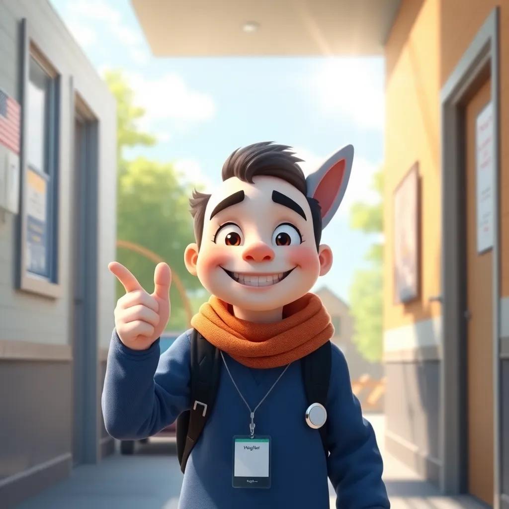 Sami feeling proud after his check-up, smiling brightly as he leaves the clinic, sunlight shining down, cheerful atmosphere, digital art, high-quality