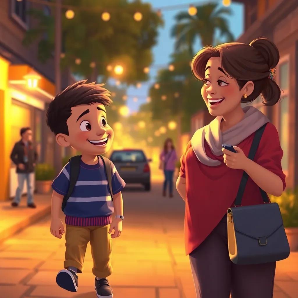 Sami chatting with his mom on their way home, looking relieved and bright, lively background of a street, warm light, illustration, high-quality