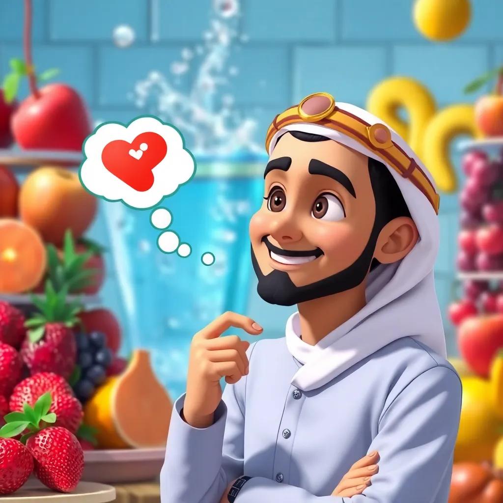 Sami thinking about healthy fruits and smiling, with water and fruits in the background, cheerful and bright atmosphere, vivid colors, high-quality