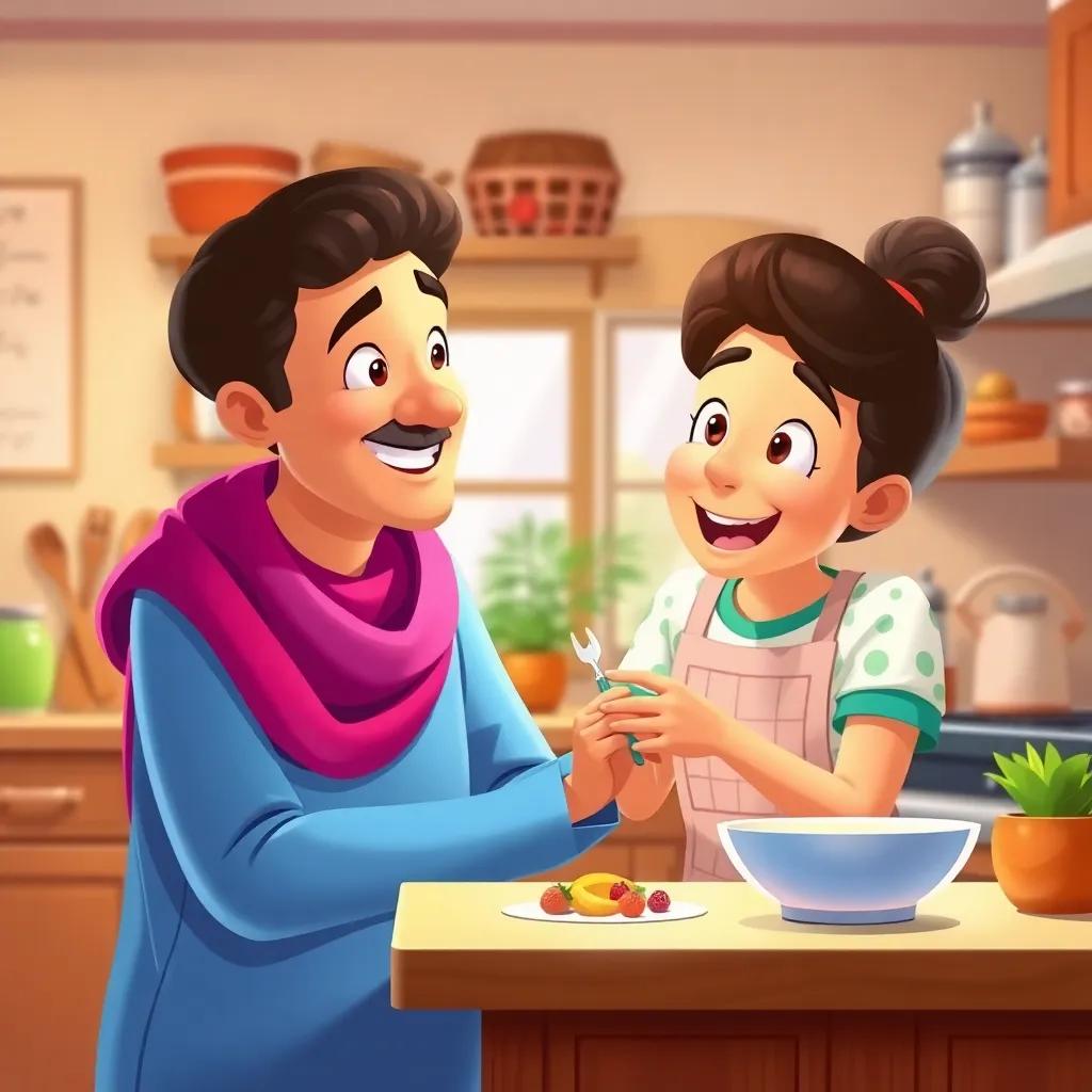 Sami sharing his dental care journey with his mother in the kitchen, warm and welcoming atmosphere with kitchen elements, bright colors, illustration, high-quality