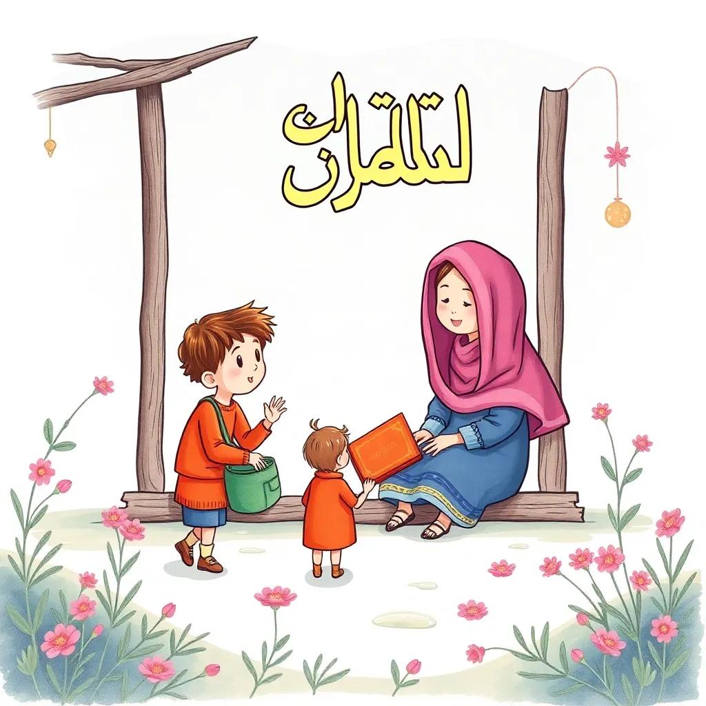عودة الطلاب إلى المنزل، يتحدثون عن ما تعلموه عن الأسنان، أجواء منزلية دافئة، ضوء شمس يغمر الغرفة