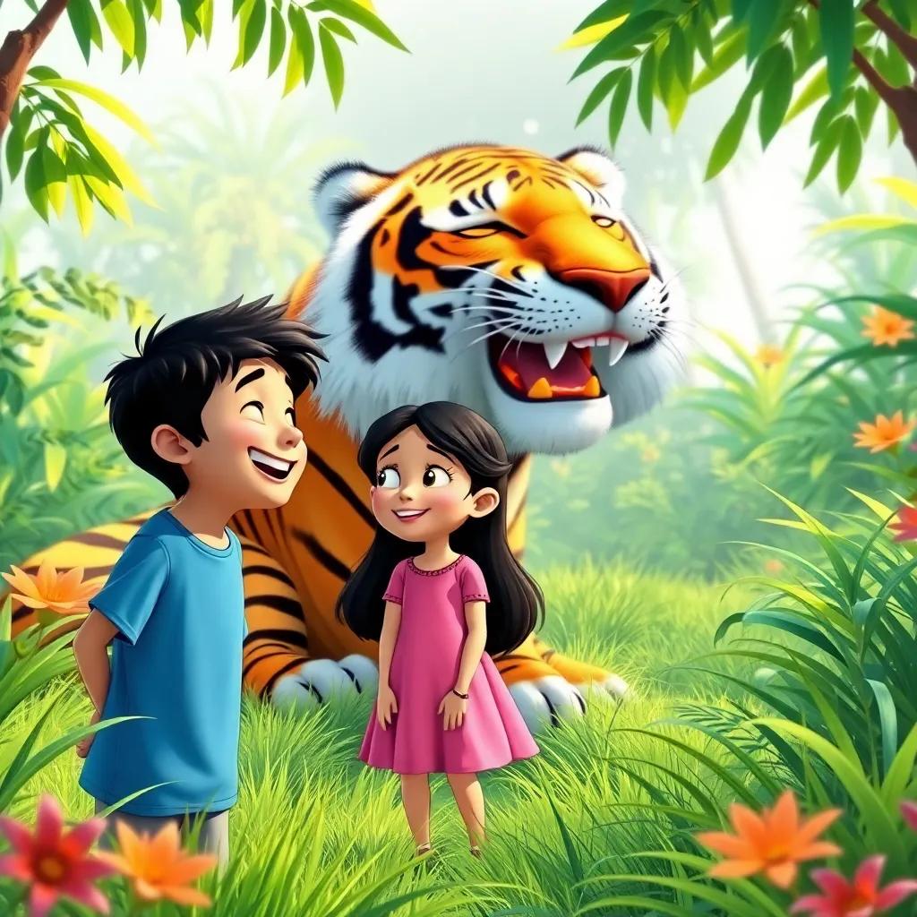 Sami, a young Arab boy with short black hair in a blue t-shirt, laughing with Leila, a young Arab girl with long dark hair in a pink dress, looking at a large, sunbathing tiger, surrounded by lush greenery, vibrant colors, playful setting, engaging view, high quality