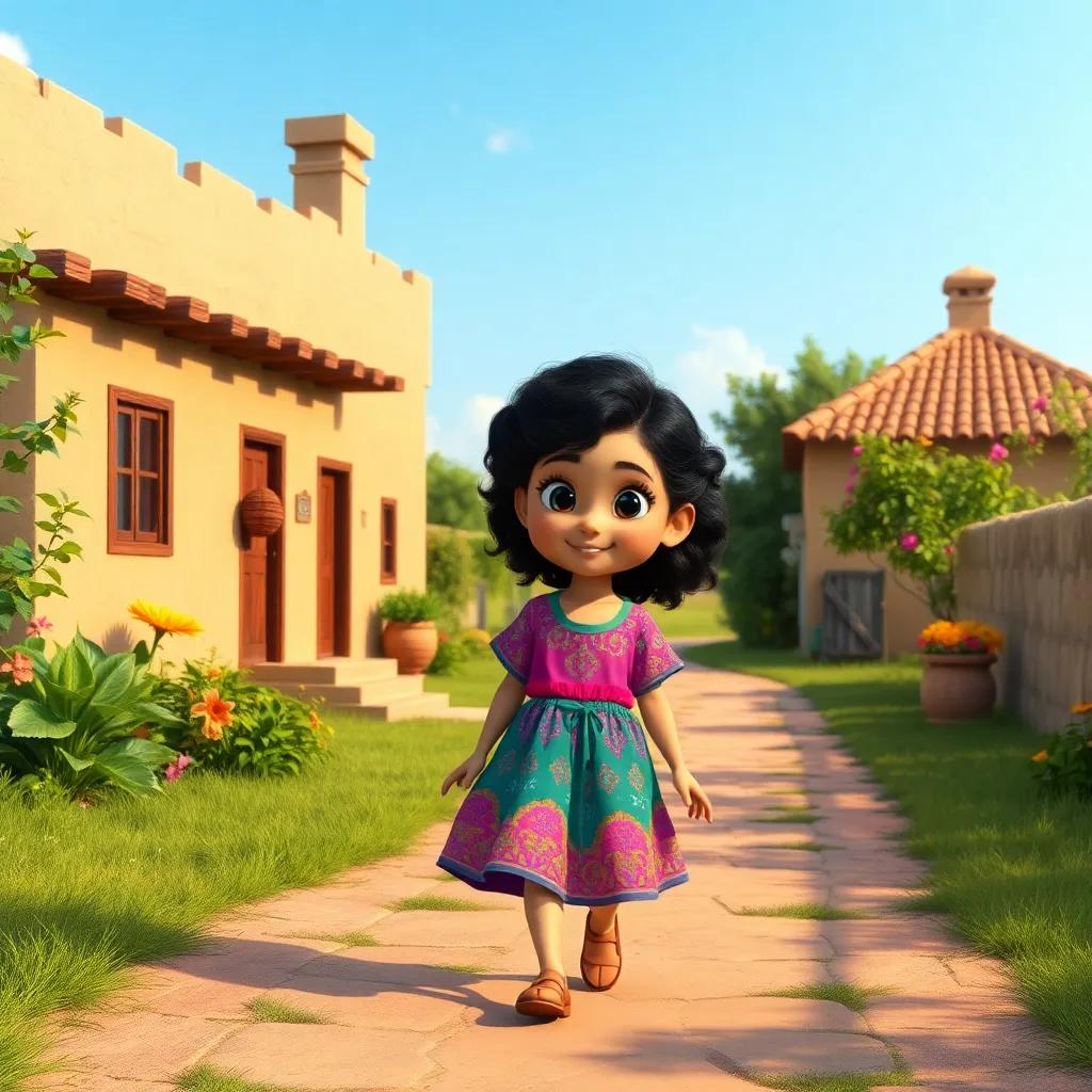 A young Arab girl, Maria, with curly dark hair, wearing a colorful dress, walking along a sunny path towards her grandmother's warm house, cheerful, vibrant colors, inviting atmosphere, high quality
