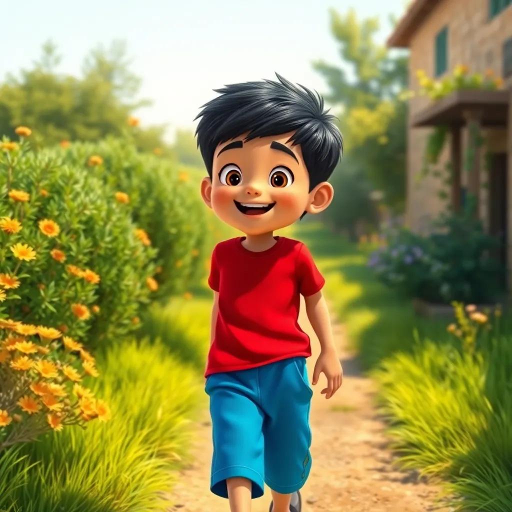 A young Arab boy, Murad, with short black hair, wearing a bright red t-shirt and blue shorts, looking excited and happy as he walks toward a village path with bushes and flowers, bright sunlight, cheerful atmosphere, child-friendly