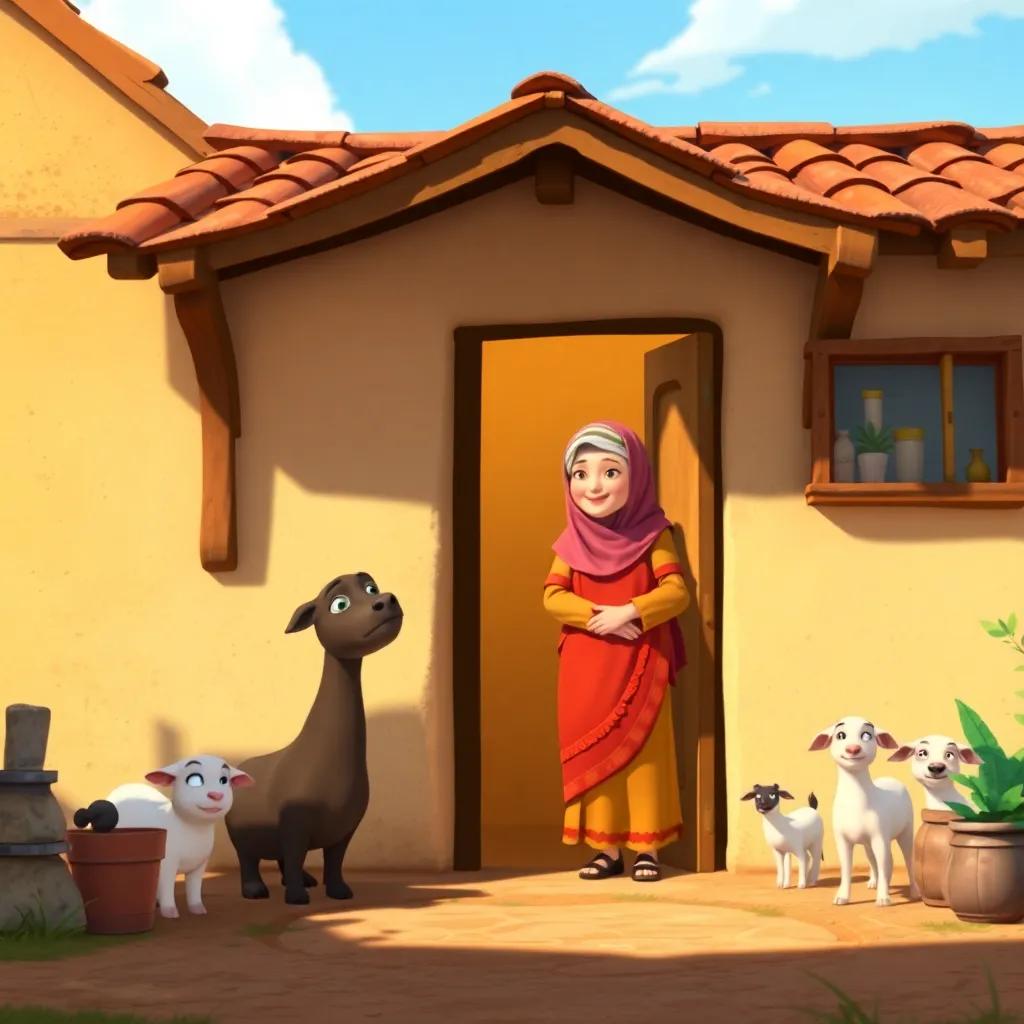 A warm house in the village where Murad's mom greets him, showing kindness and care, standing at the door with a welcoming smile, surrounded by a few farm animals in the background, sunny day, inviting atmosphere, detailed