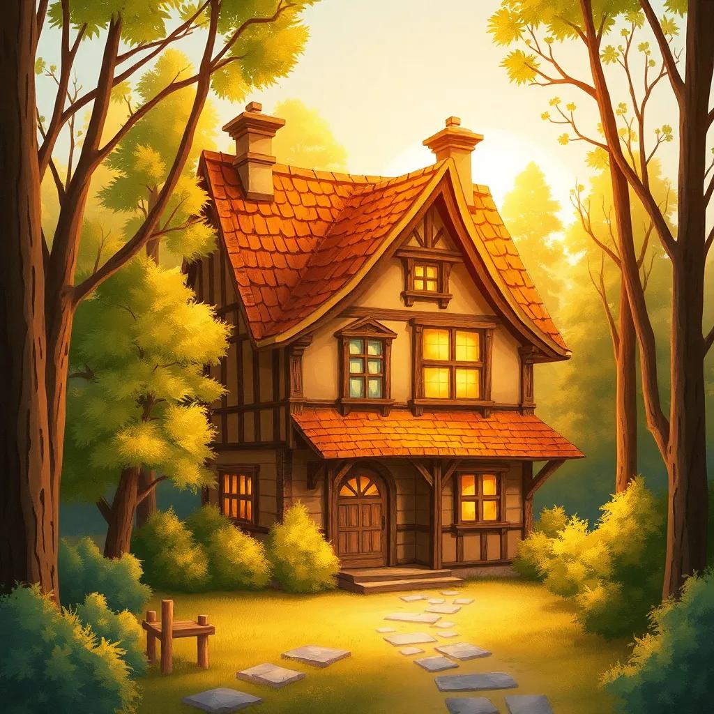 A warm old house surrounded by trees, golden sunlight shining down on it, detailed illustration, cozy atmosphere, soft colors, high quality