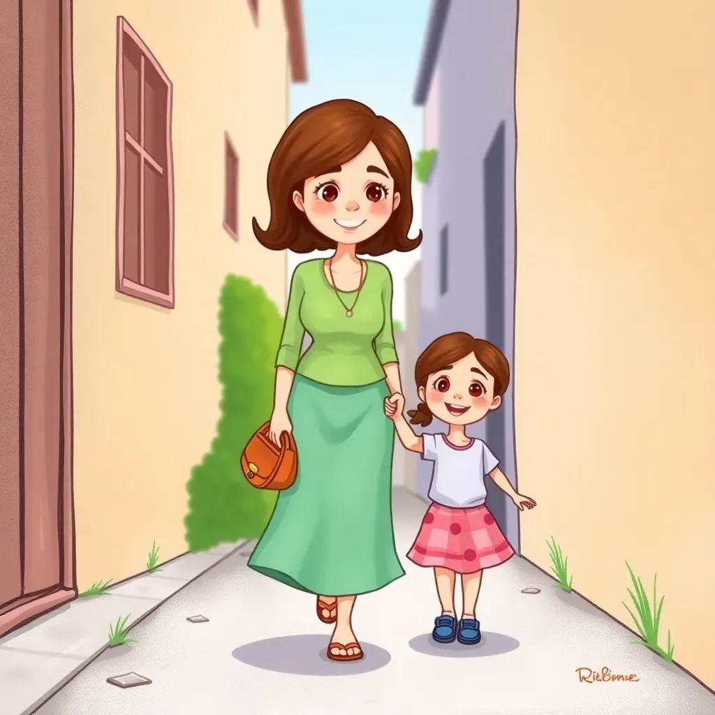 A mother holding her daughter's hand, walking through a small alley, cheerful expressions, vibrant colors, child-friendly, high quality