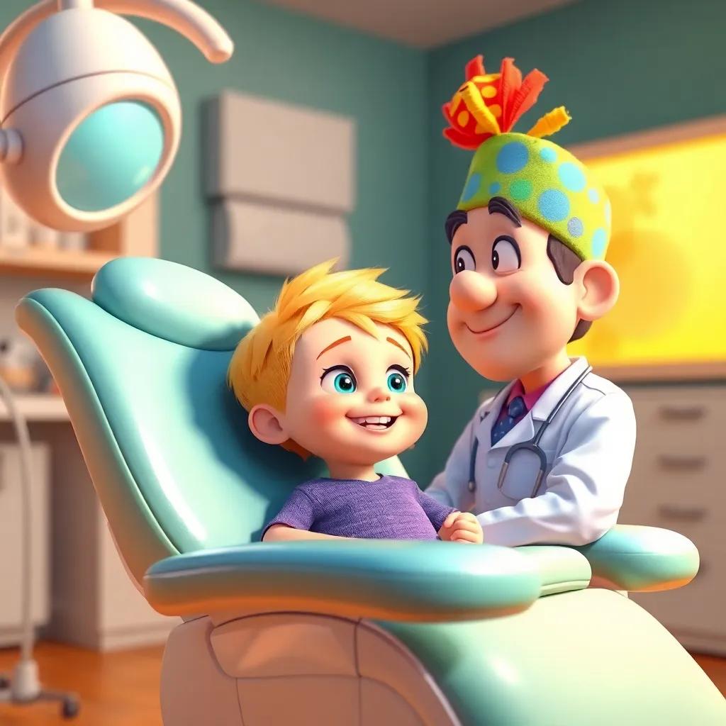 Sami, a small boy with bright blonde hair and a happy face, sitting in a big dental chair that looks fun and inviting, talking to a cheerful dentist wearing a colorful hat, friendly interaction, colorful, warm light, storytelling view, fantasy
