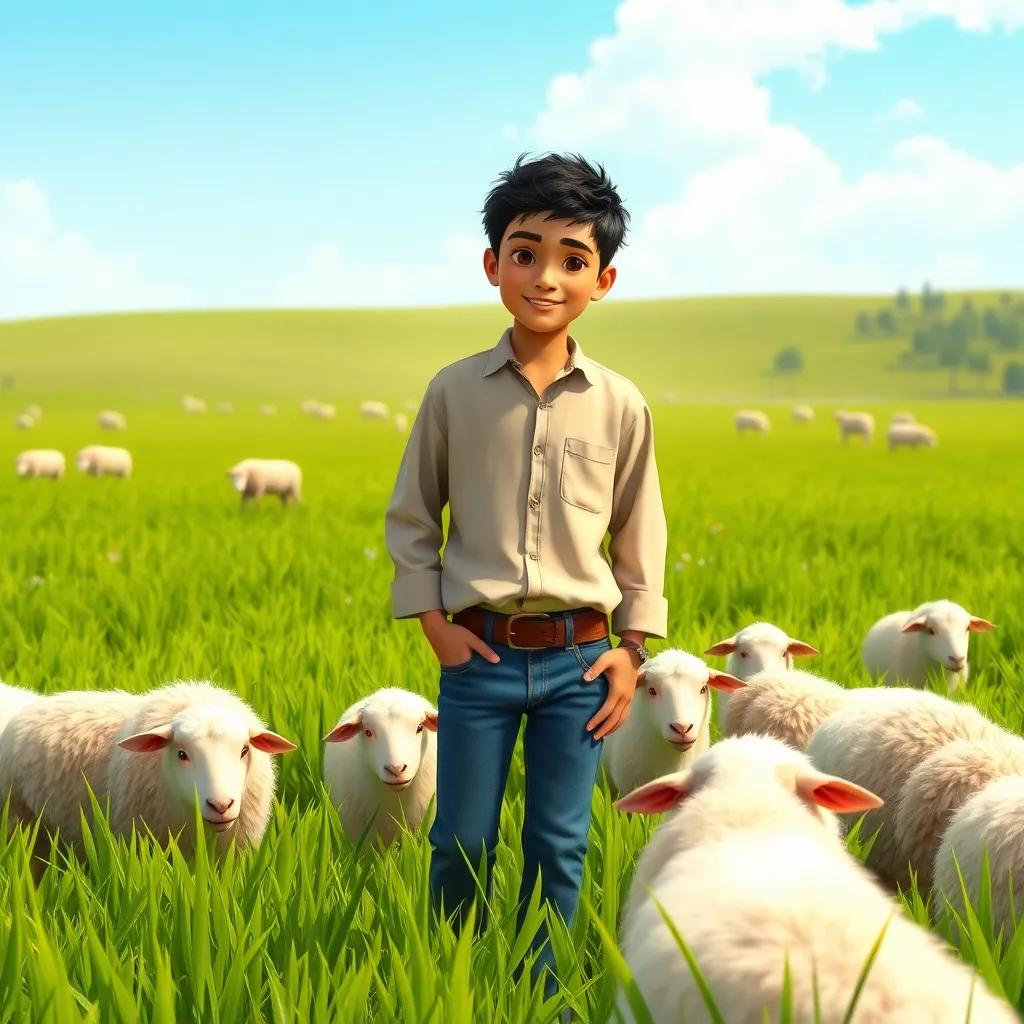 A young Arab boy, Zaid, with short black hair wearing a traditional shirt and jeans, helping his father in a green field with sheep grazing around them, sunny day, pastoral setting, cheerful atmosphere, high quality
