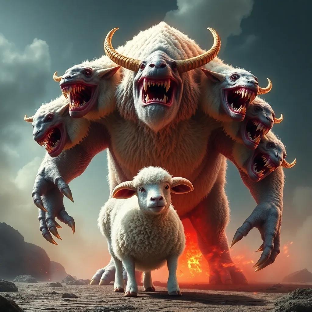A big monster with seven heads, transforming from a cute sheep into a frightening creature, bright colors, dynamic scene, high quality, magical transformation