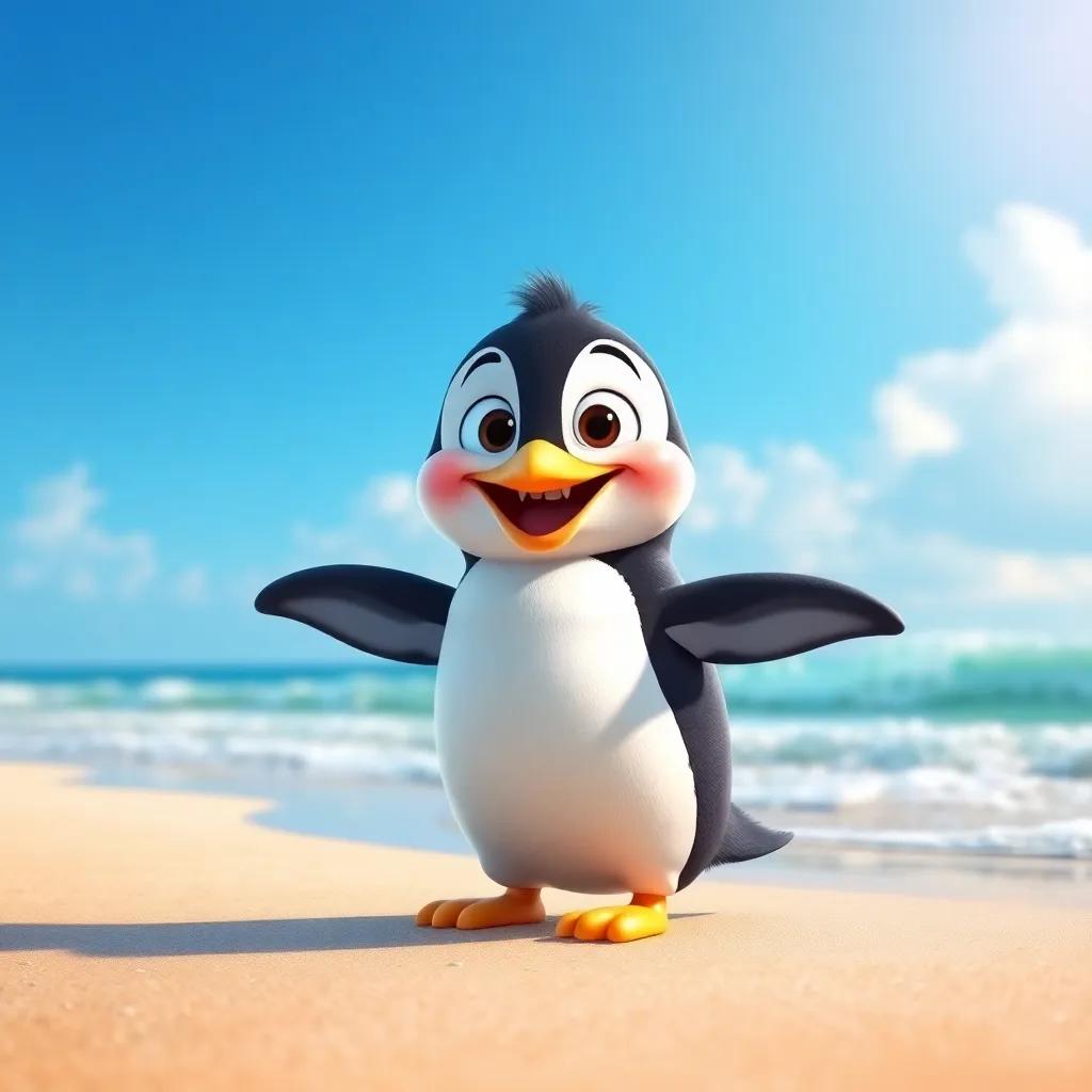 A playful penguin named James, looking excited, with bright blue skies and a hint of clouds in the background, standing at the edge of the beach with sandy shores and waves, digital art, cheerful, colorful, high quality