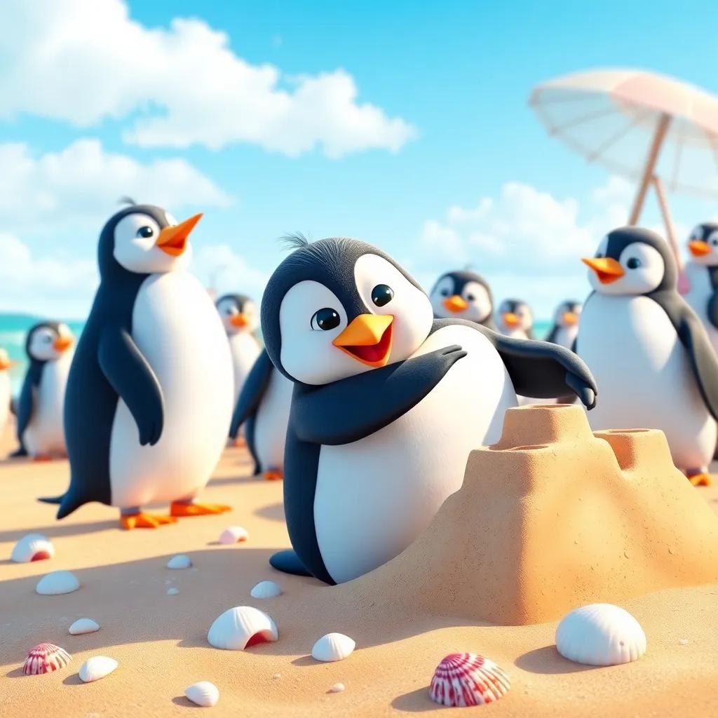 James the penguin happily playing on a sunny beach, surrounded by his penguin friends, building a sandcastle, with seashells scattered around, vibrant colors, fun atmosphere, detailed illustration