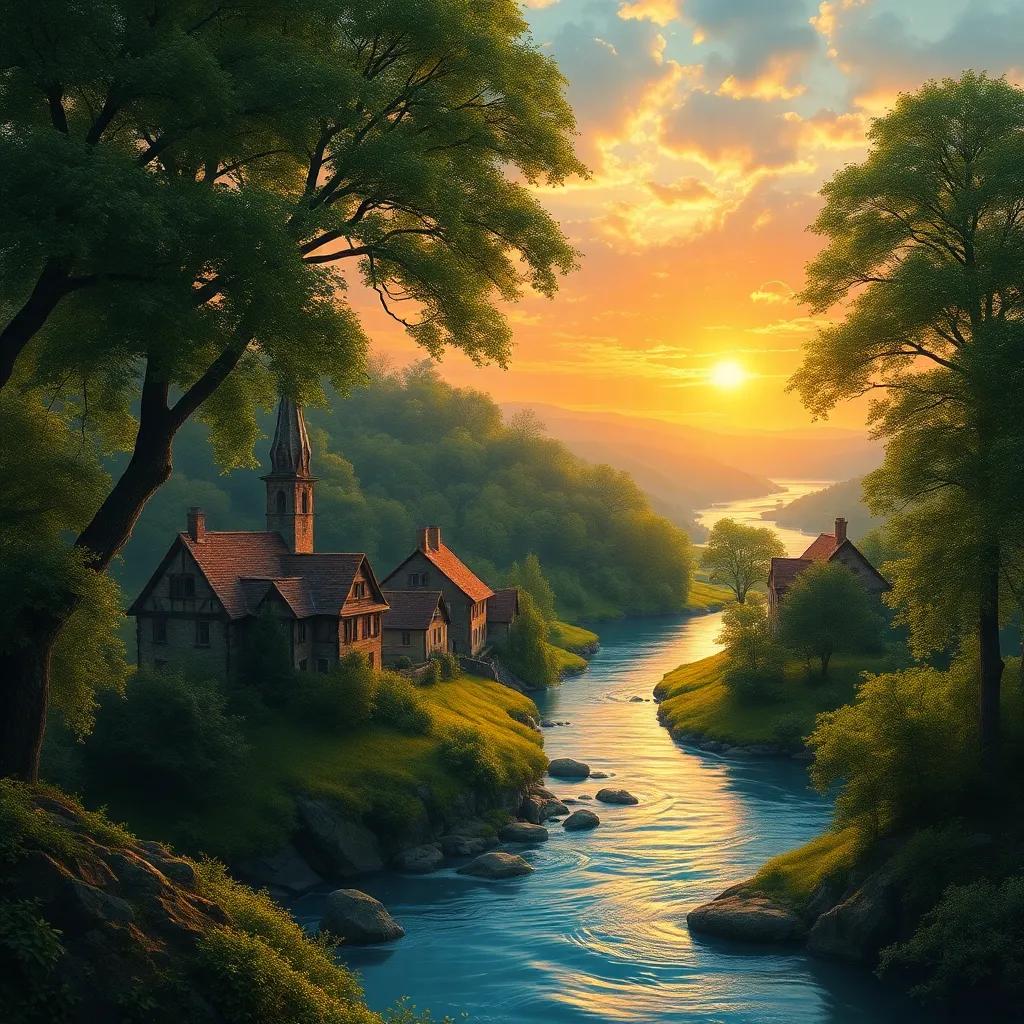 A small village surrounded by trees and rivers, with vibrant green vegetation and a serene blue river, showcasing a picturesque sunset, digital art, warm hues, inviting atmosphere, high-quality