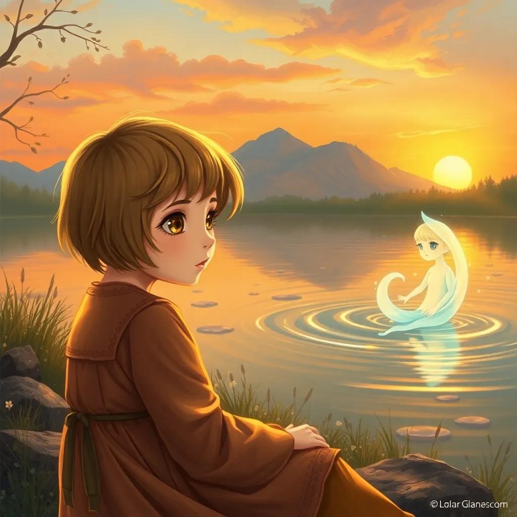 Zainab, a young girl with light brown short hair and honey-colored eyes, sitting near a calm river at sunset, looking curiously at the transparent water spirit emerging from the lake, detailed illustration, magical, child-friendly, enchanting scenery