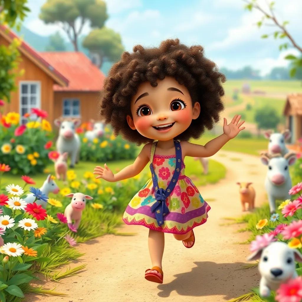 A cheerful young girl, Zina, with curly hair, wearing a colorful dress, skipping through a vibrant farm filled with flowers and animals, digital art, warm light, bright colors, joyful atmosphere, high quality