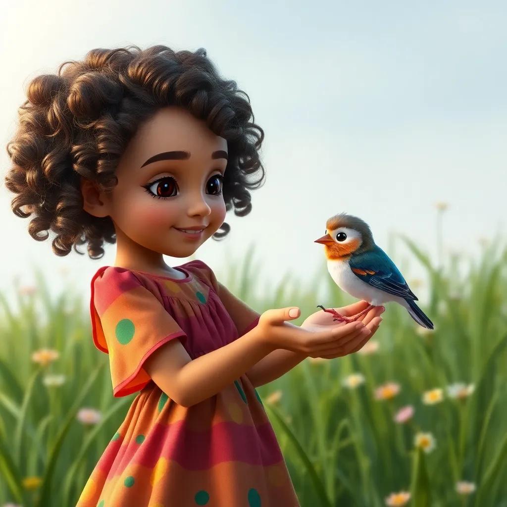 Zina, a young girl with curly hair wearing a colorful dress, gently holding a small bird with a bandaged foot in her caring hands, surrounded by green grass and flowers, digital art, soft light, warm colors, heartwarming scene, high quality
