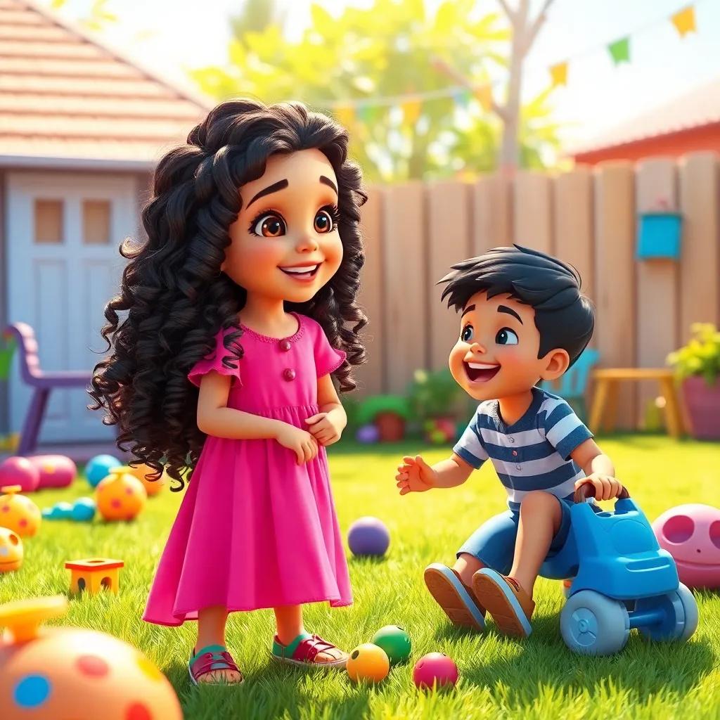 A young Arab girl, Zina, with long, curly hair wearing a bright pink dress, playing with her brother Yazan in a sunny backyard, surrounded by colorful toys and laughter, digital art, cheerful colors, playful atmosphere, high quality