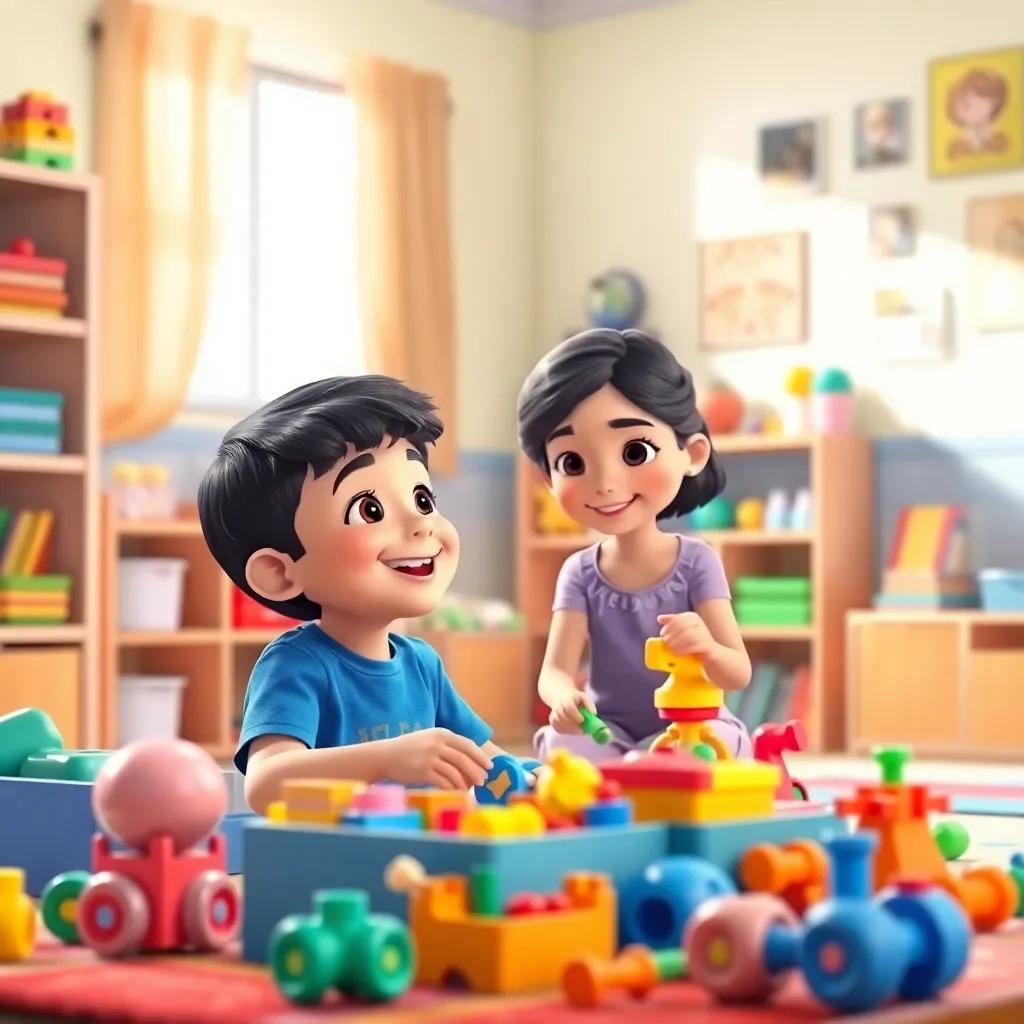 A young Arab boy, Yazan, with short black hair wearing a blue t-shirt, happily organizing toys with his sister Zina in a neat and colorful playroom, bright light, vibrant colors, collaborative scene, heartwarming