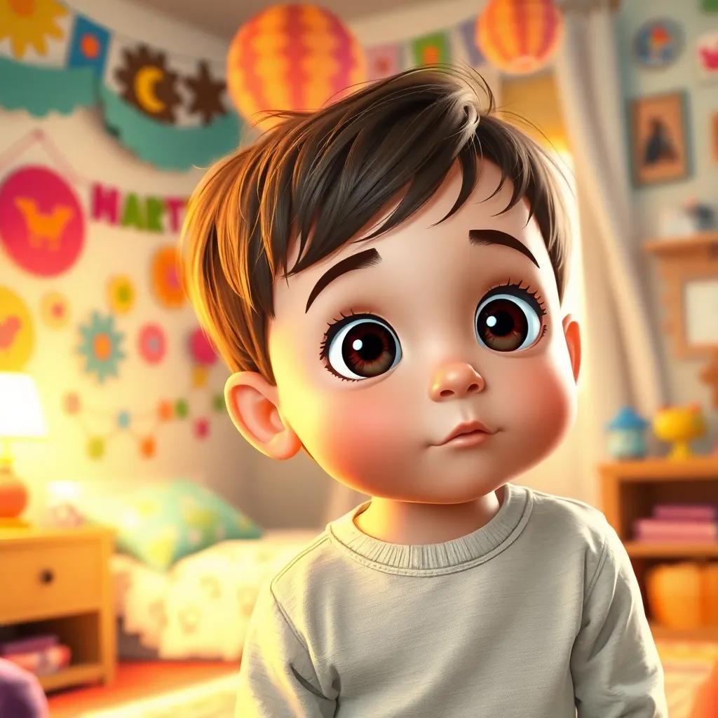 A curious child with wide eyes, looking at his mother in a cozy bedroom filled with colorful decorations, warm light, inviting atmosphere, digital art, child-friendly, high quality