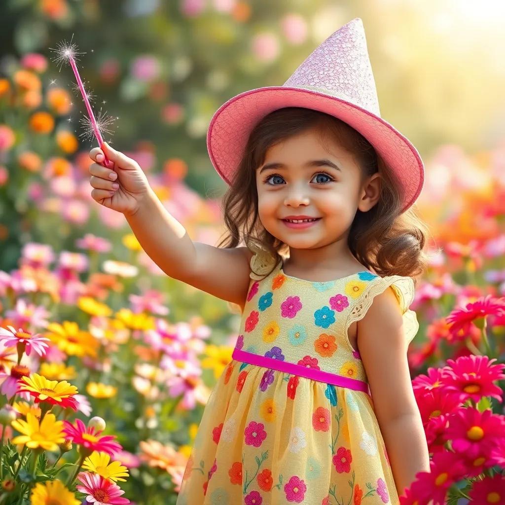 A young girl, Layla, wearing a colorful dress and a sparkling hat, happily waving her magic wand in a flower garden filled with bright flowers, digital art, cheerful atmosphere, vibrant colors, child-friendly