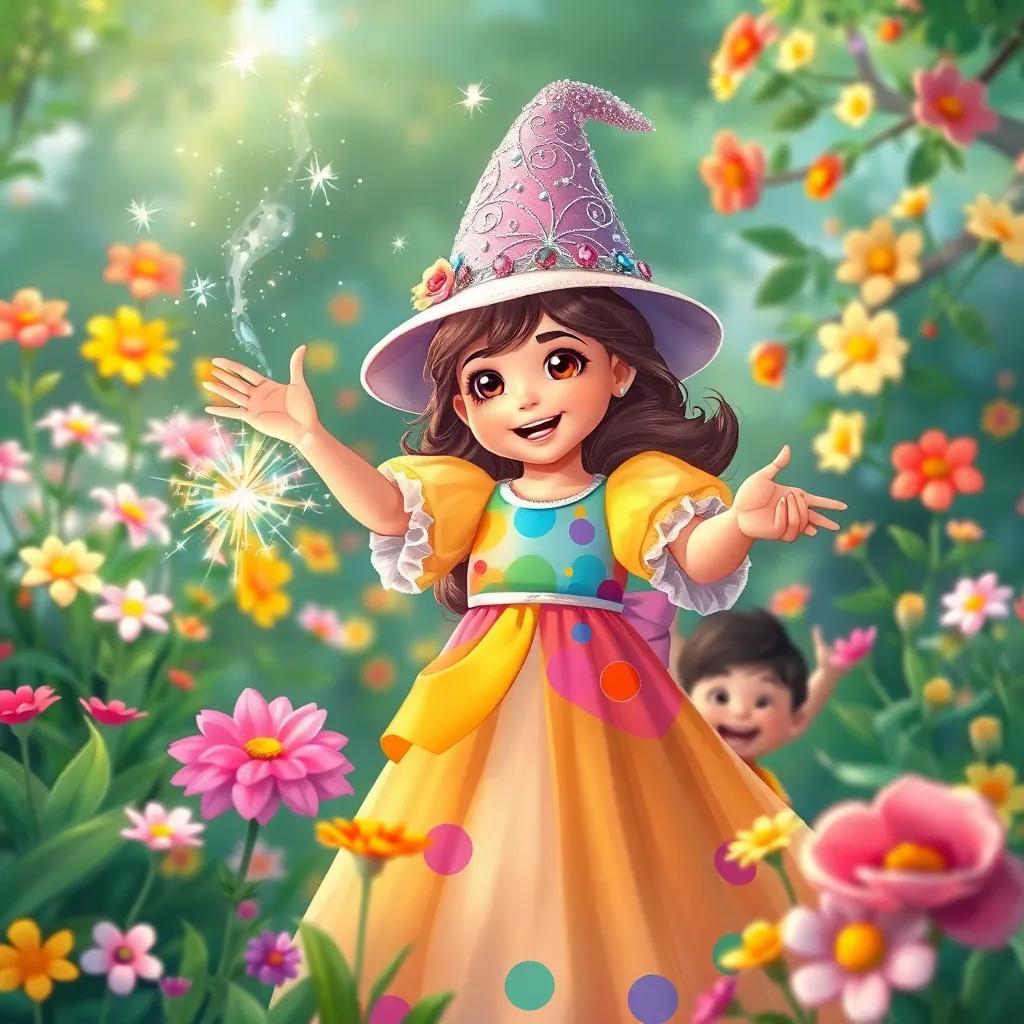 Layla, a young girl wearing a colorful dress and a sparkling hat, casting a magical spell in the flower garden, surrounded by blooming flowers and happy children, illustration, joyful, colorful, fantasy art