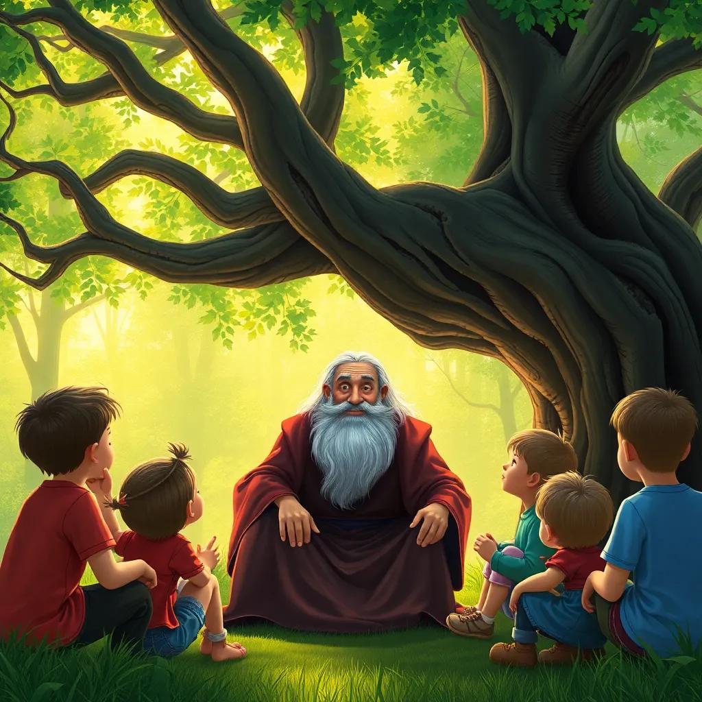A wise and kind wizard, an old man with a long beard and a robe, sitting under a large tree surrounded by children listening to his stories, bright green forest background, warm light, digital art, enchanting atmosphere, high quality