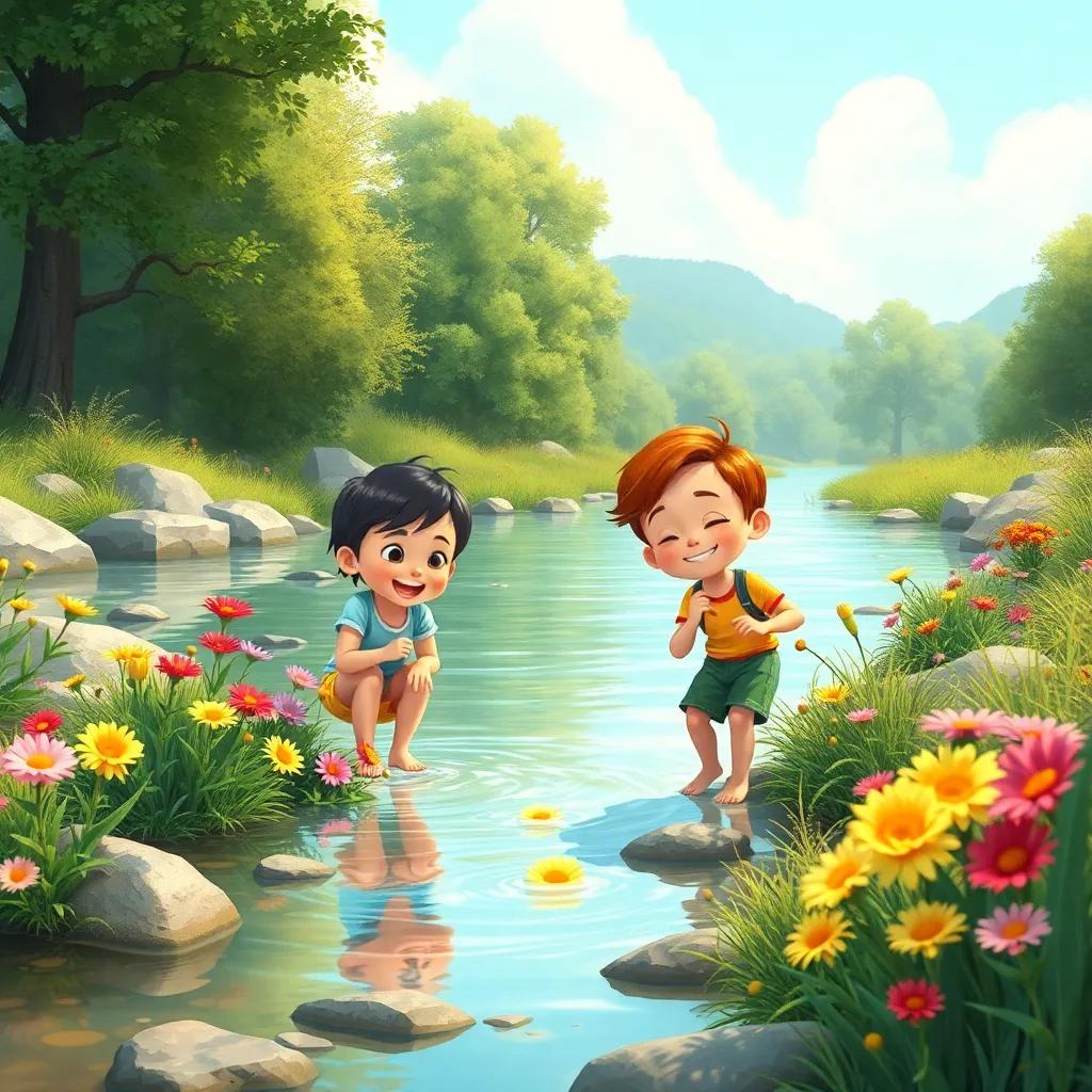 A joyful scene by a river, with children picking colorful flowers and playing in cool water, beautiful nature around them, vibrant colors, cheerful ambiance, illustration, heartwarming