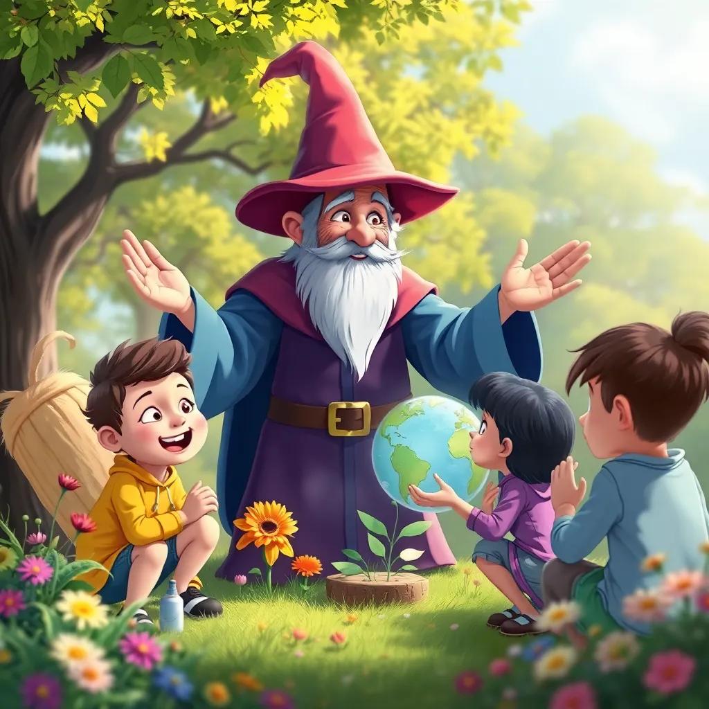 A wise wizard teaching children about nature, showing them how to care for the environment, with trees and flowers around, colorful, friendly, engaging atmosphere, digital painting, uplifting