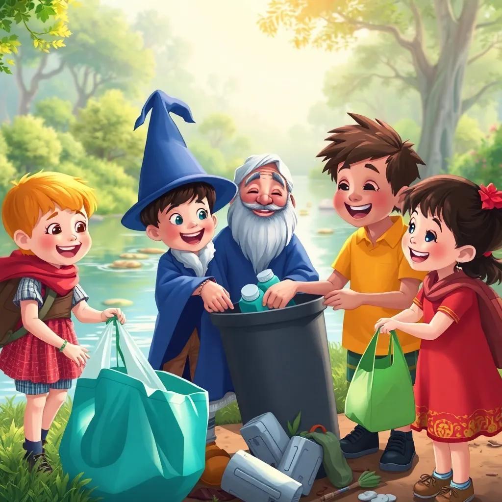 Children and a wizard collecting trash together by a river, smiling and laughing, demonstrating teamwork, bright colors, friendly setting, cheerful art, high quality