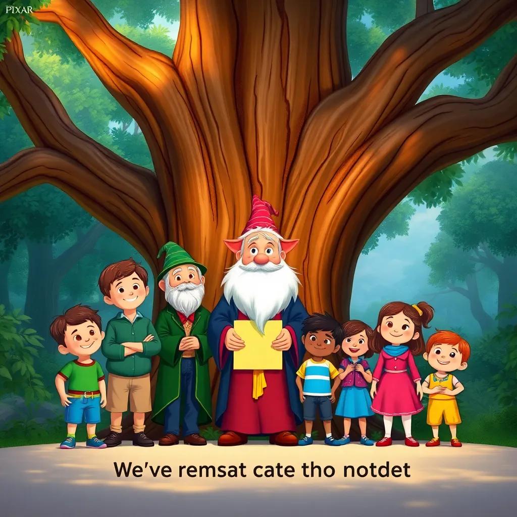 The wizard and children standing proudly by a large tree, pledging to protect nature, smiling faces, vivid colors, heartwarming conclusion, digital artwork