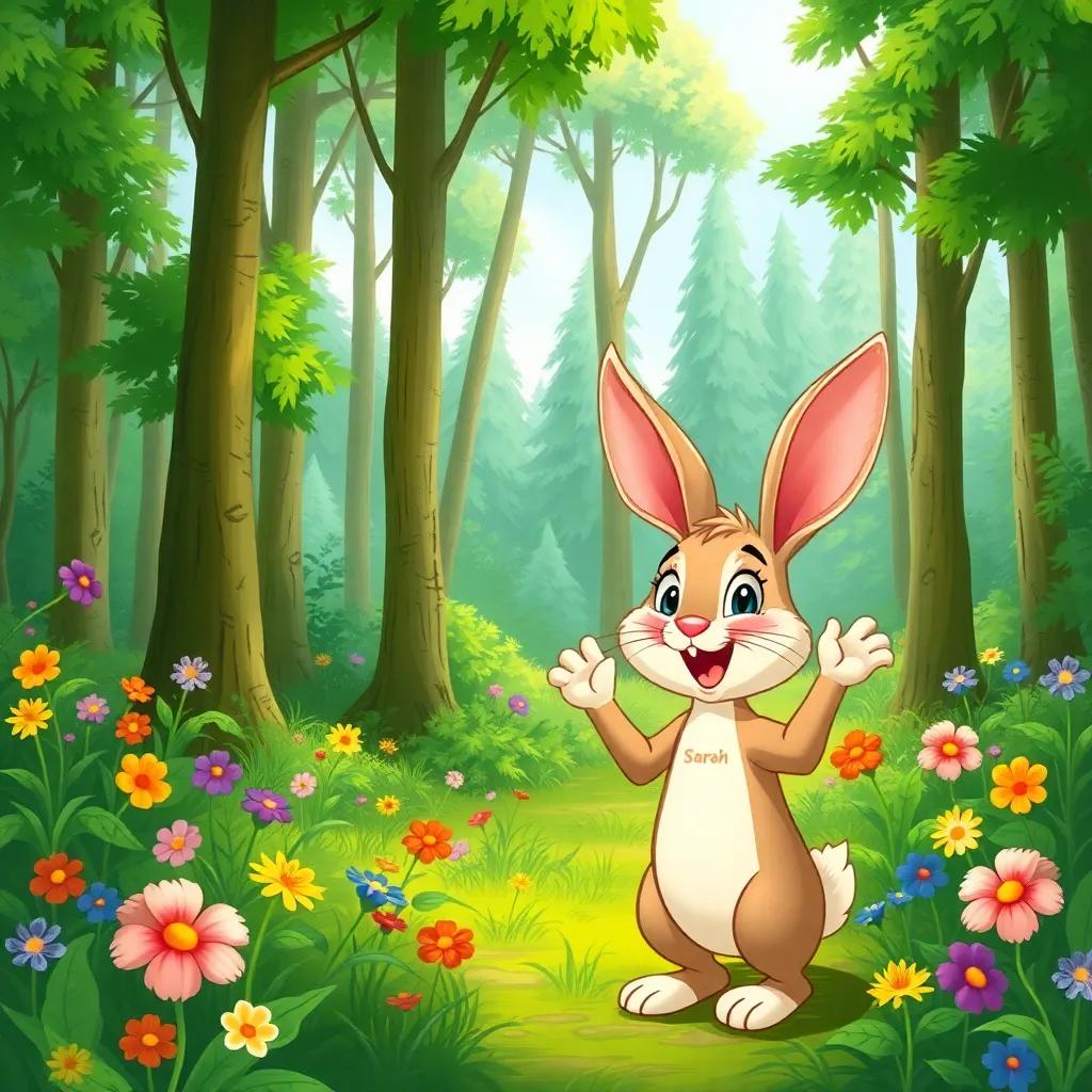 A green, lush forest filled with tall trees and colorful flowers, featuring a cheerful bunny named Sarah looking excited, digital art, vibrant colors, bright atmosphere, high quality