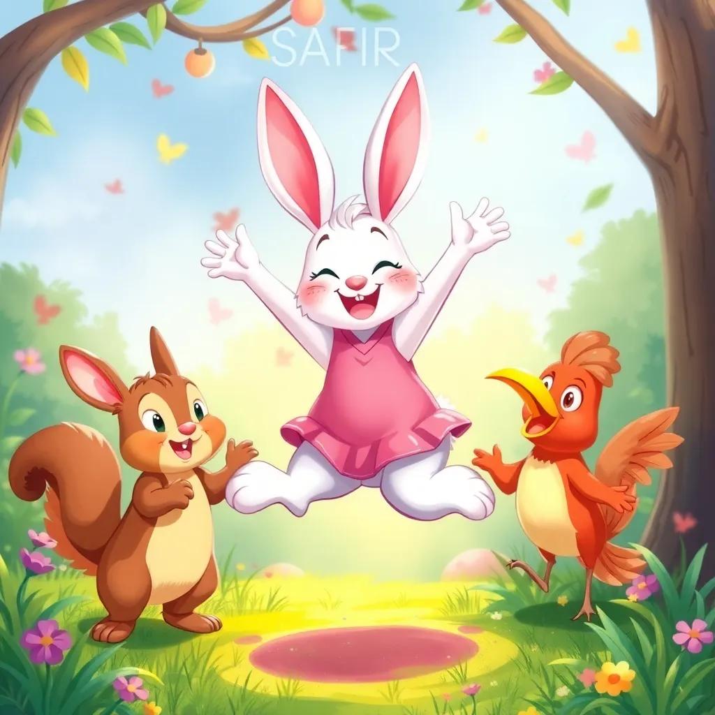 A vibrant scene with Sarah, the bunny, jumping happily with her friends, Toto the squirrel and Micho the bird, surrounded by a joyful atmosphere, digital illustration, colorful and energetic, cheerful environment, high quality