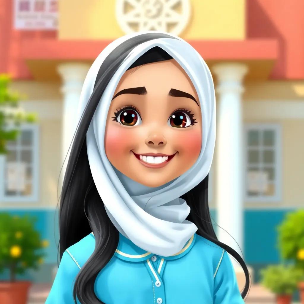 A young Arabic girl, Sarah, with long dark hair, wearing a sky blue school uniform and a white hijab, smiling in front of a bright school building, cheerful atmosphere, digital art, vibrant colors, inviting expression, high quality