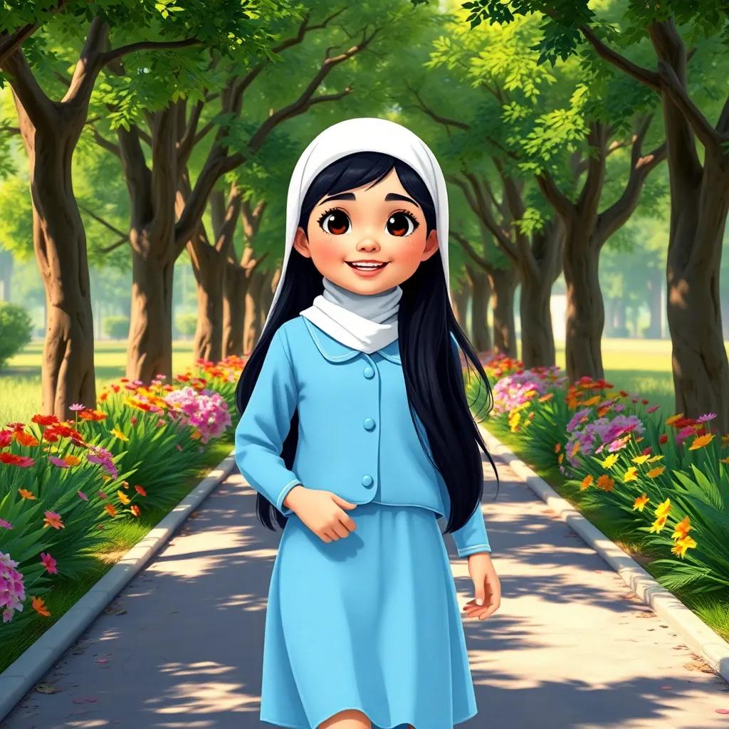A young Arabic girl, Sarah, with long dark hair, wearing a sky blue school uniform and a white hijab, walking on a tree-lined path with colorful flowers, joyful expression, digital painting, warm sunlight, cheerful setting, high quality