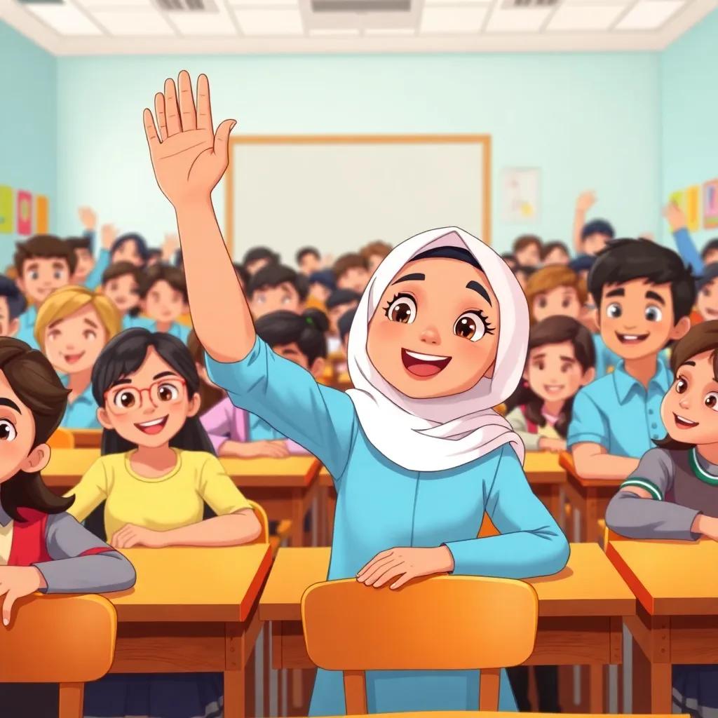 A classroom full of diverse students, with Sarah, a young Arabic girl in a sky blue school uniform and a white hijab, raising her hand excitedly, engaging atmosphere, illustration, bright colors, dynamic perspective, high quality