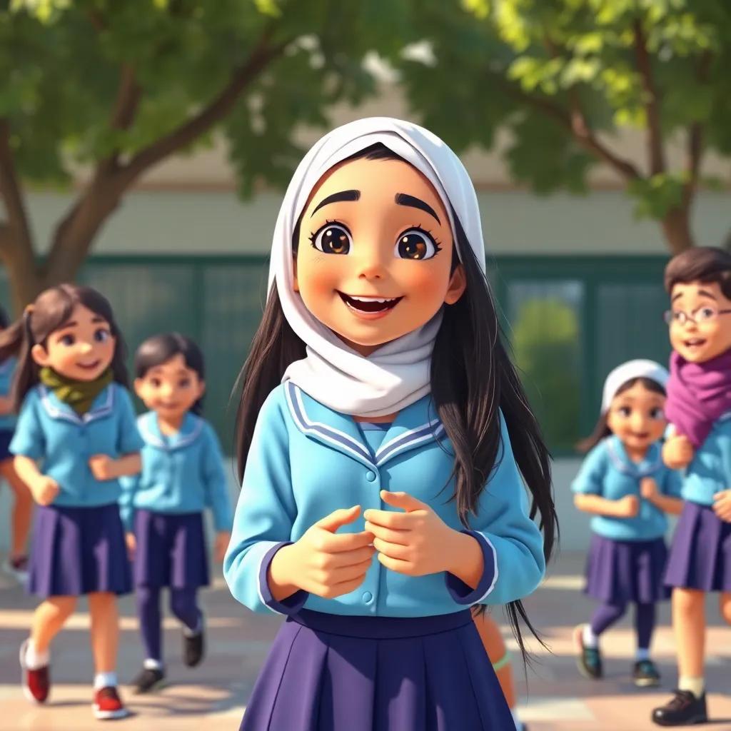 Sarah, a young Arabic girl with long dark hair, in a sky blue school uniform and a white hijab, playing games with friends in a schoolyard, laughter and smiles all around, digital art, vibrant colors, uplifting mood, high quality
