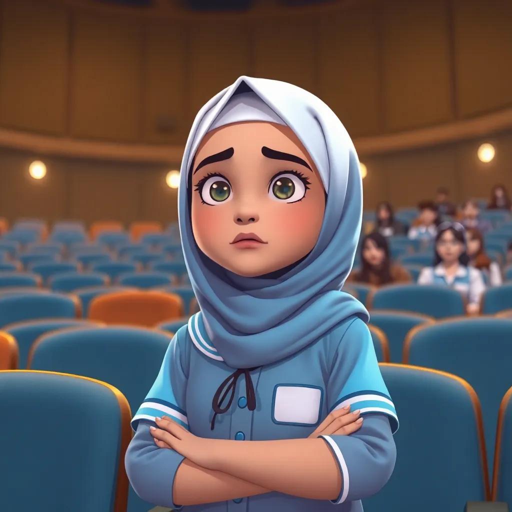 A young Arabic girl Sarah, in a sky blue school uniform and a white hijab, looking nervous yet determined in an auditorium before a science competition, warm lighting, atmosphere of anticipation, illustration, child-friendly, high quality